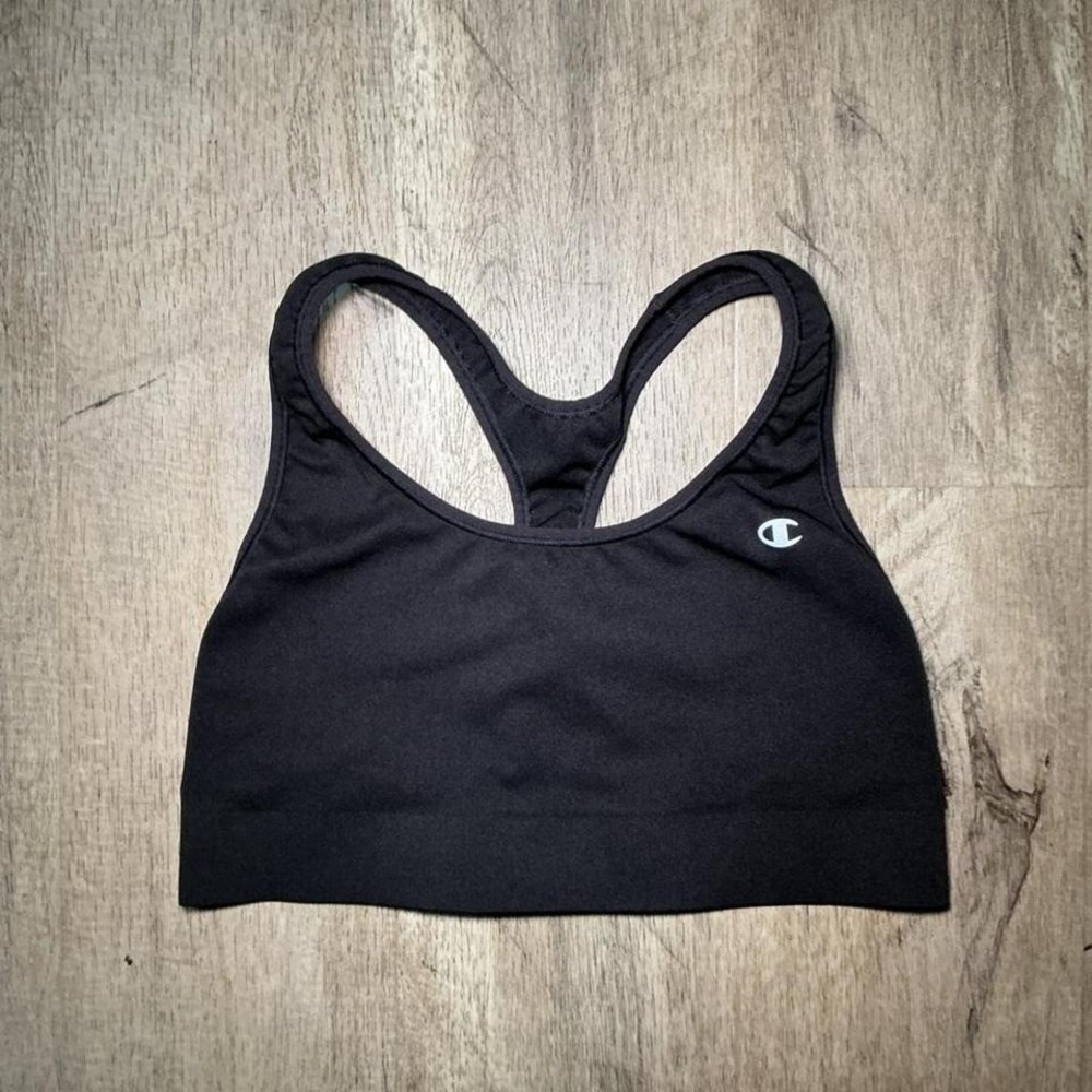 Champion Sports Bra Racerback Size M Black Logo Gym Workout Athleisure